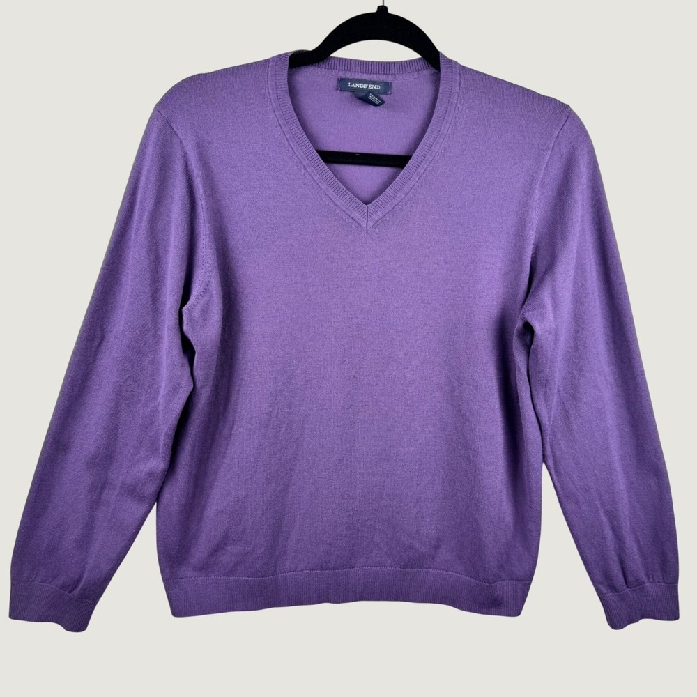 Lands' End V-Neck Sweater Women Large Petite Purple Long Sleeve Preppy Layering